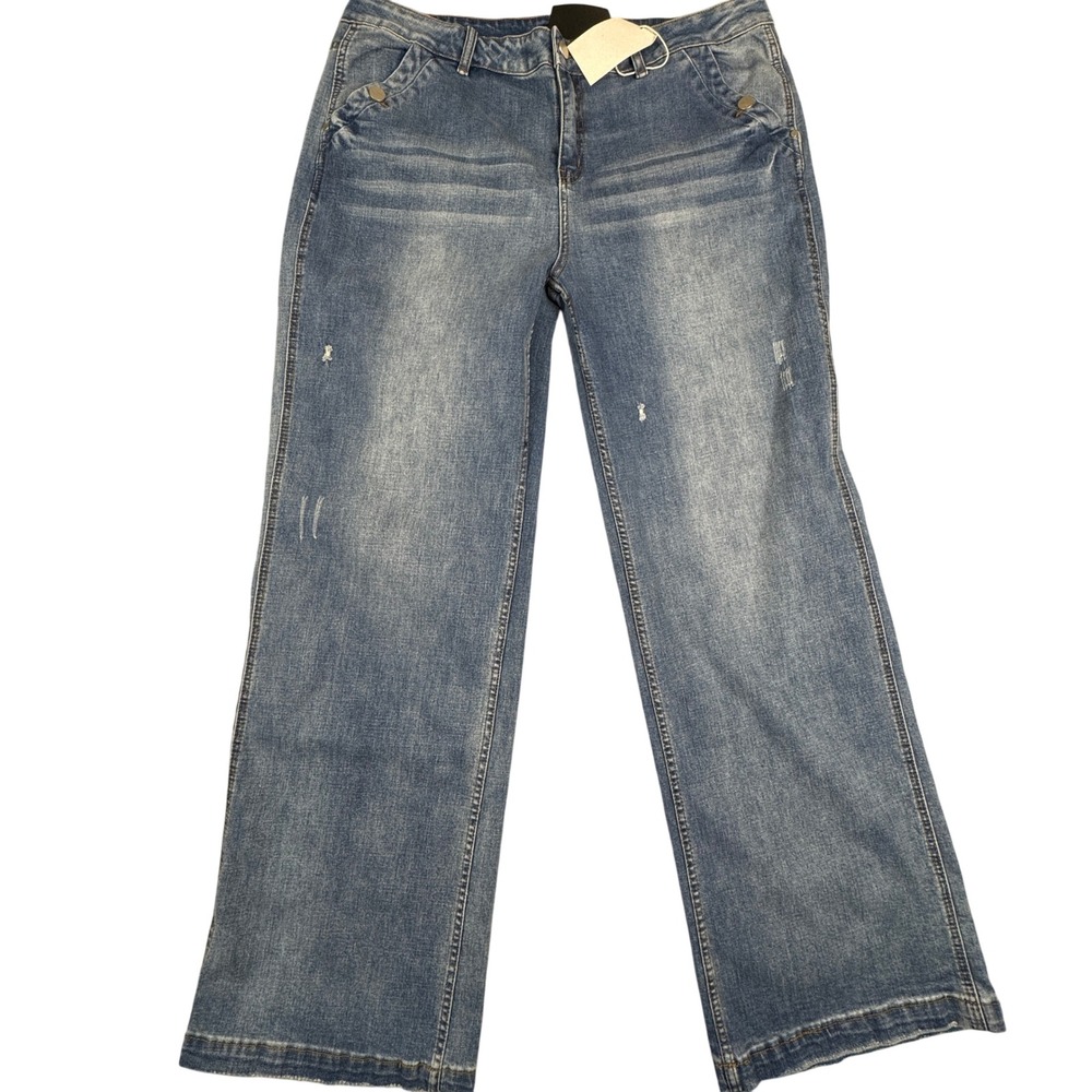 NWT Flamingals Womens 3XL Wide Leg Blue Denim Jeans Whiskered Distressed W38xL33